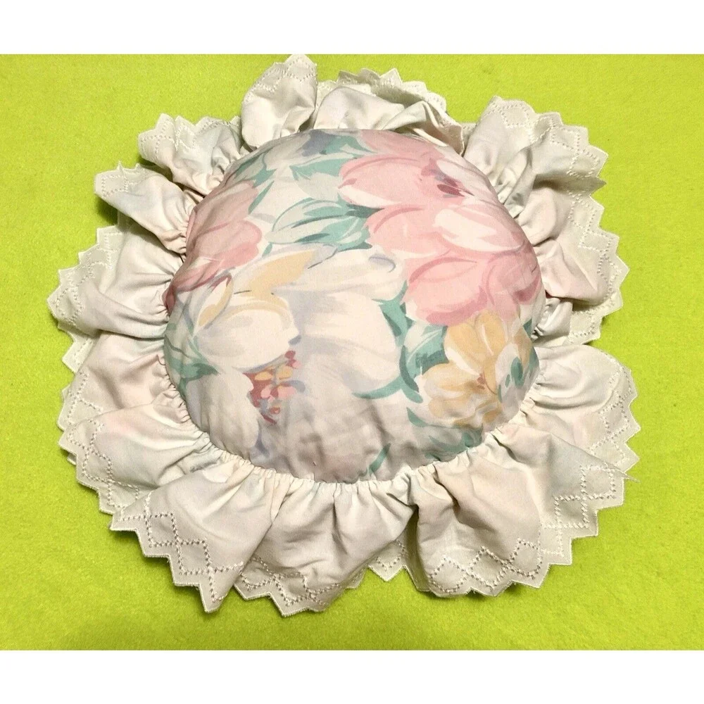 Circular Round Floral Flower Decorative Throw Pillows with Frill Pink Blue Green